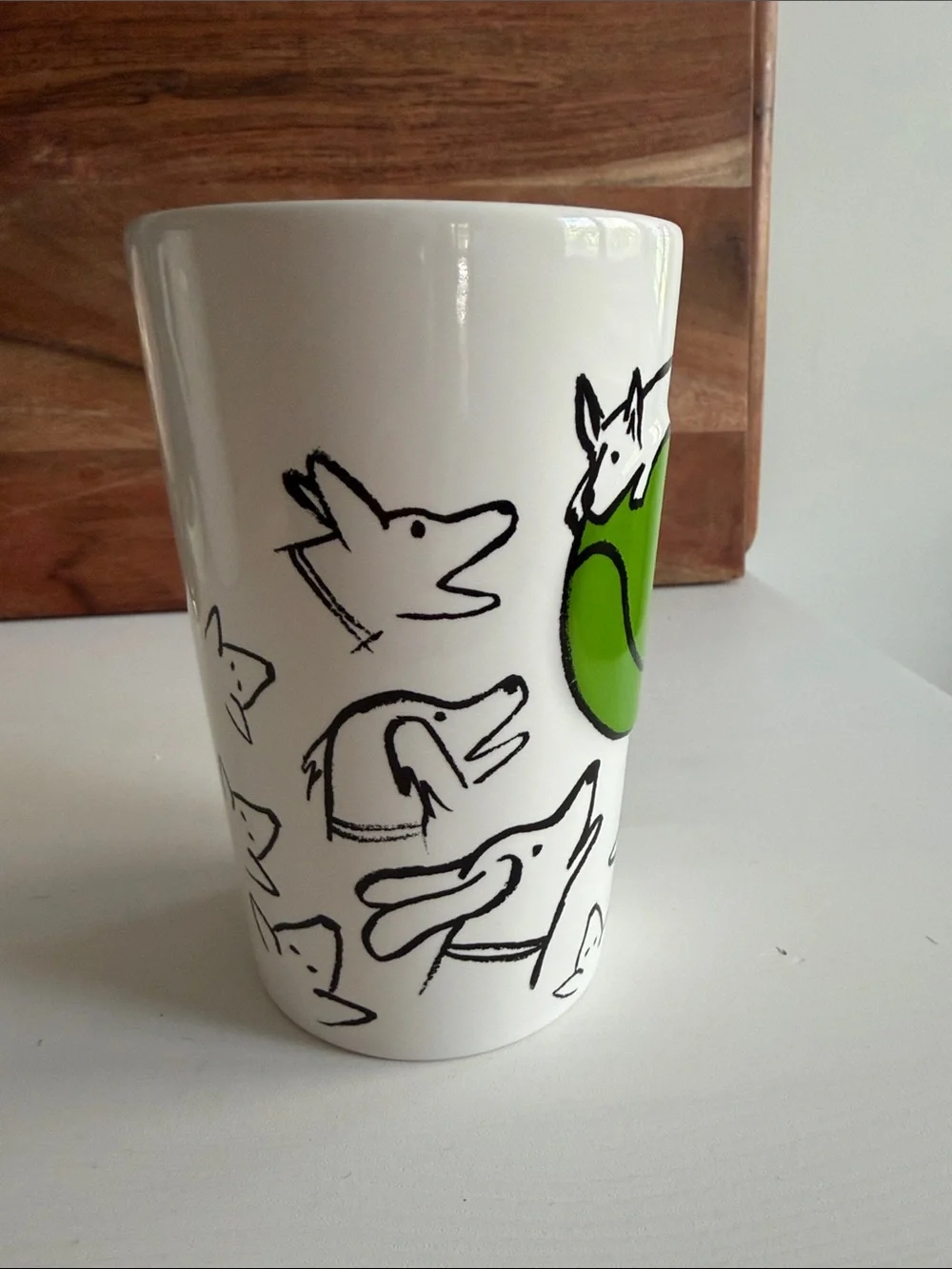 Starbucks White Mug with Bright Green Tennis Ball and Black Dog Sketches 2015
